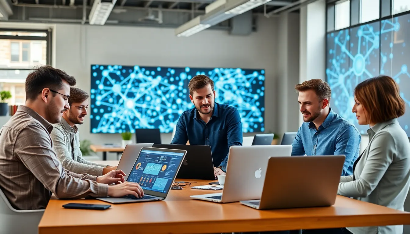 diverse team of developers working on IoT software in a modern office.