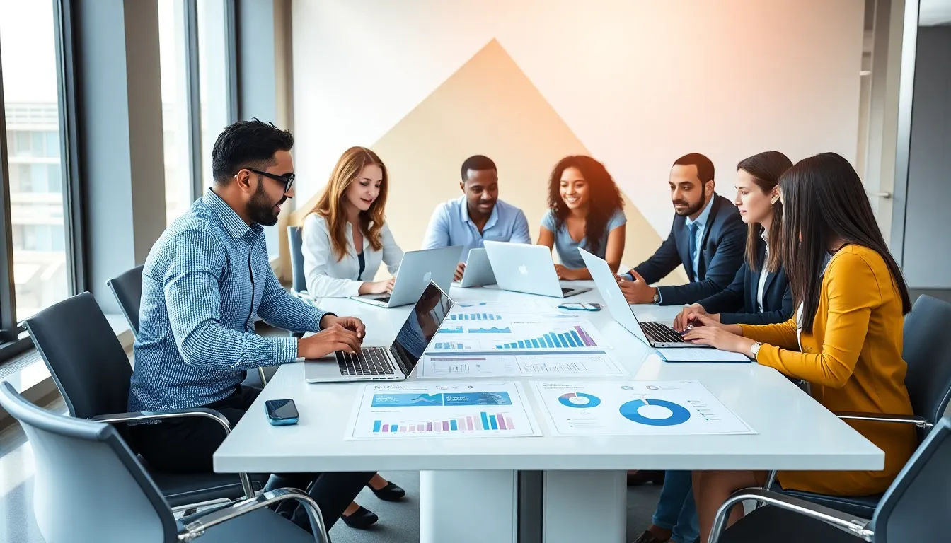 diverse marketing team discussing fintech strategies in a modern office.