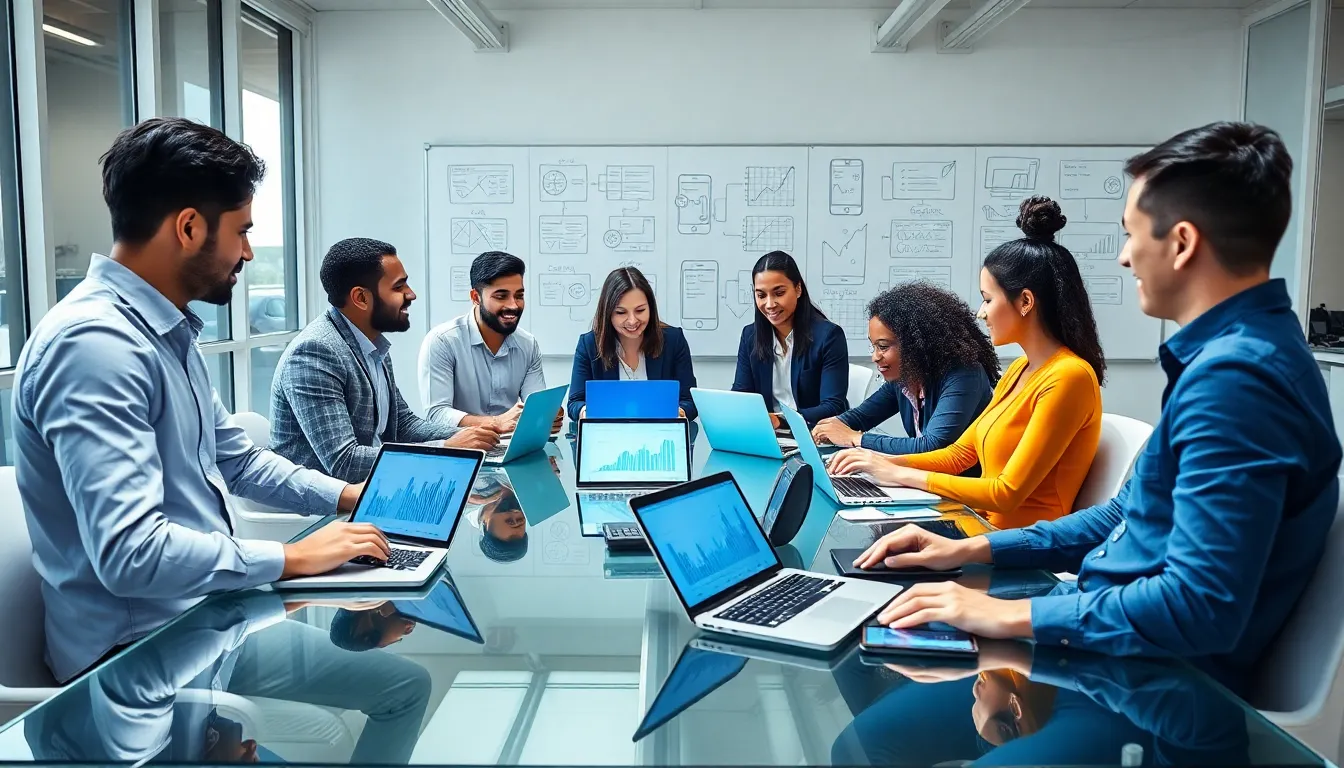 diverse team collaborating on fintech app development in a modern office.