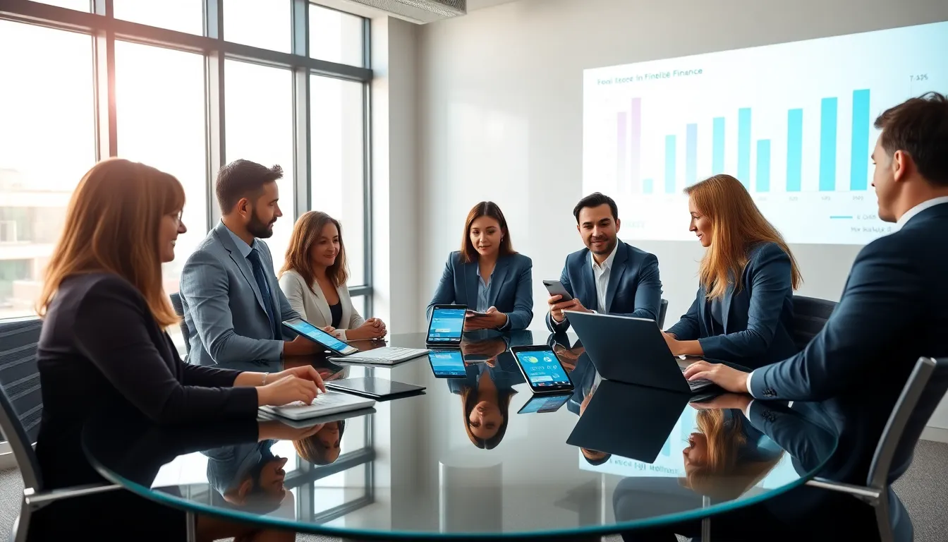 professionals discussing fintech mobile app development in a modern office.