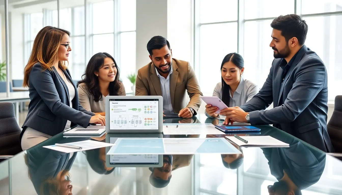 diverse team collaborating on software development management in a modern office.