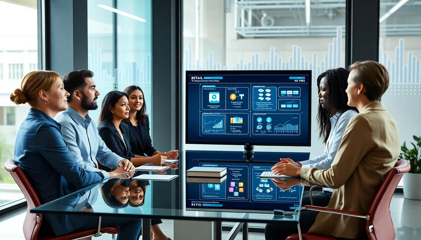diverse team discussing retail software development in a modern office.