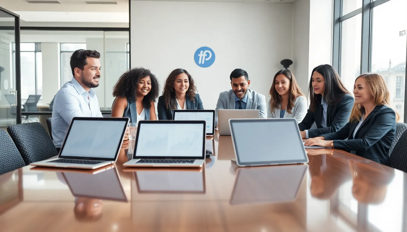 diverse team discussing fintech app development in a modern office.