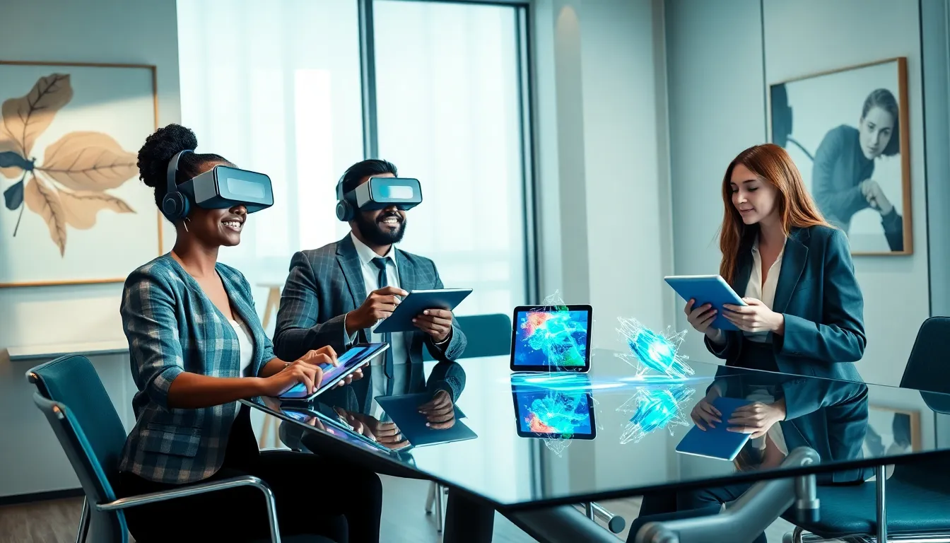 diverse team using augmented reality technology in a modern office.