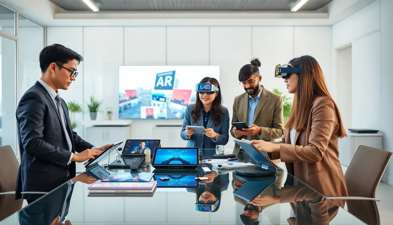 diverse team collaborating on augmented reality app development in a modern office.