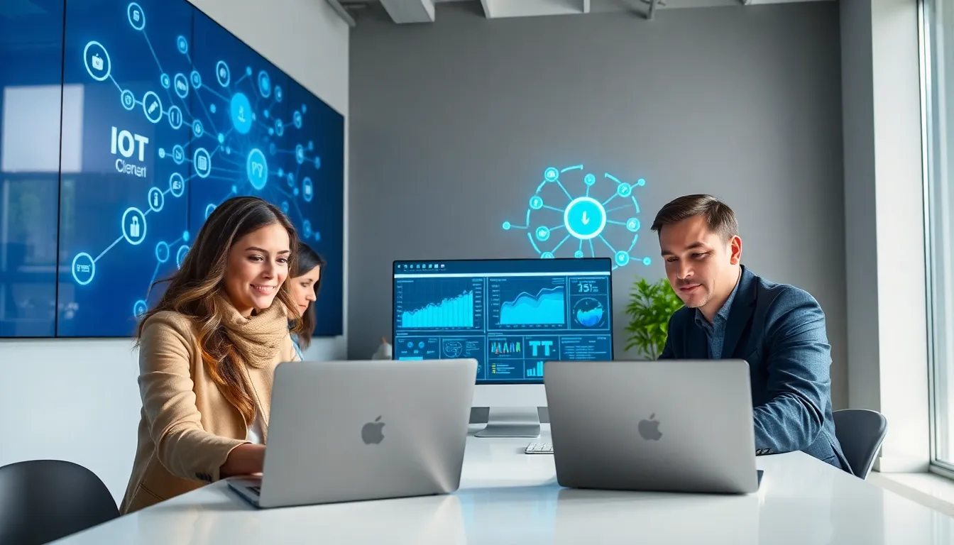 professionals collaborating on IoT software development in a modern office.