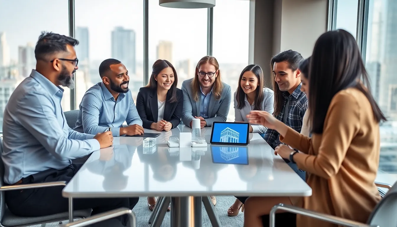 professionals discussing augmented reality projects in a modern office.