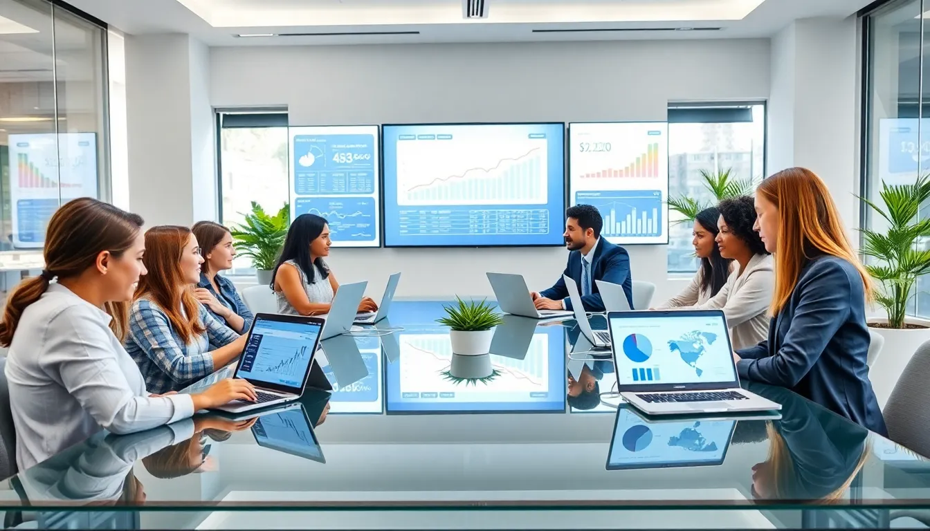 diverse professionals discussing fintech in a modern office.