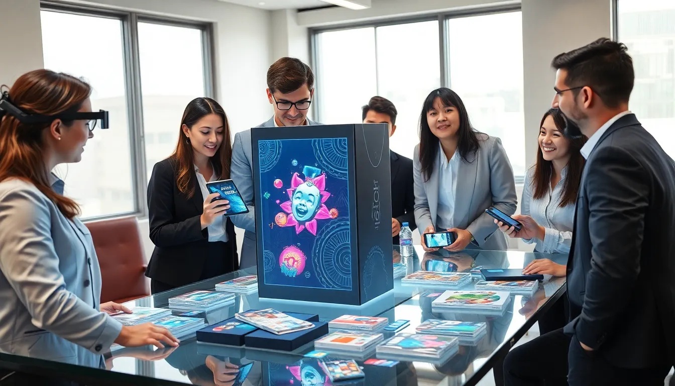 collaboration on augmented reality packaging in a modern office.