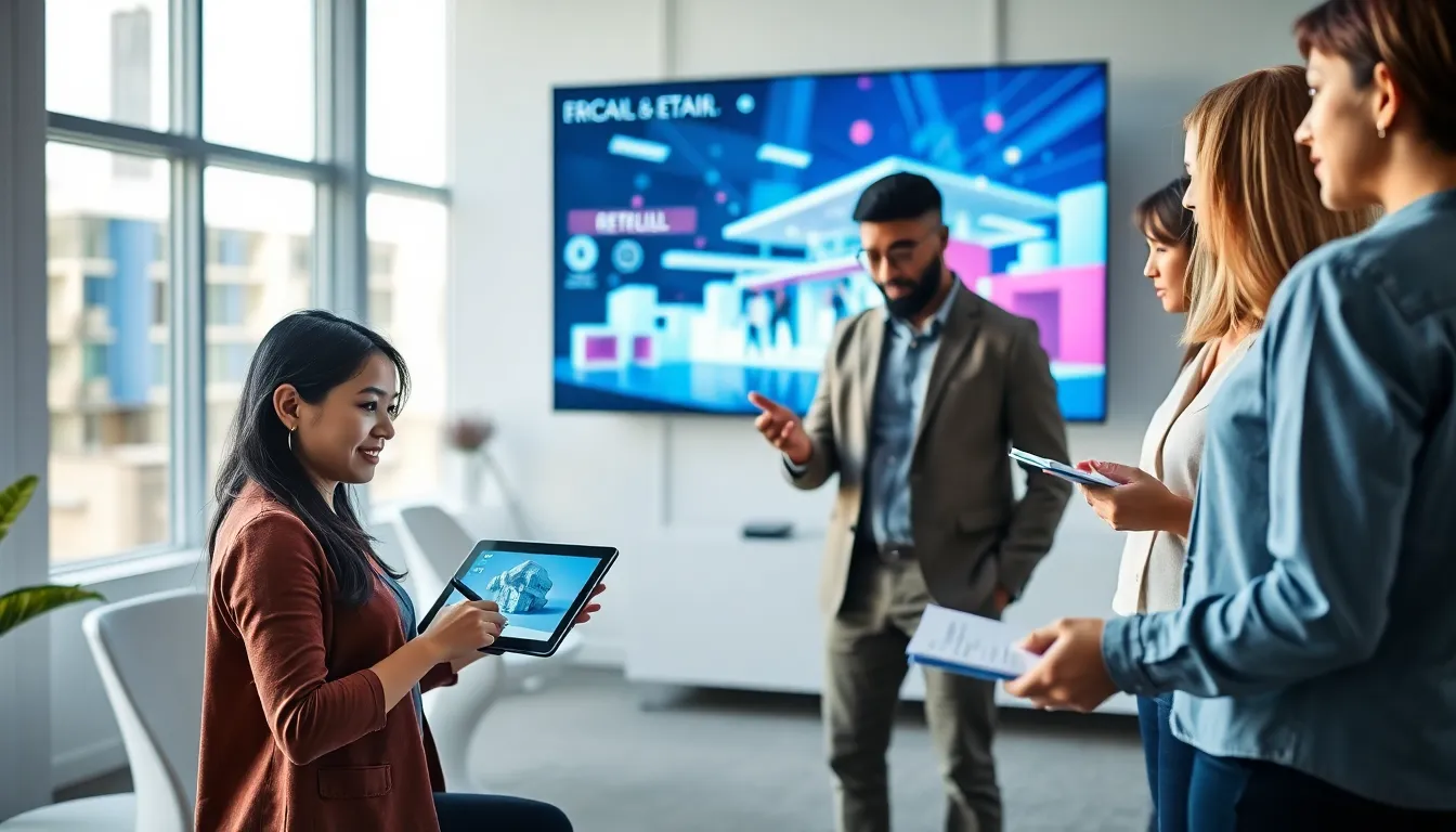 diverse team collaborating on augmented reality technology in a modern office.