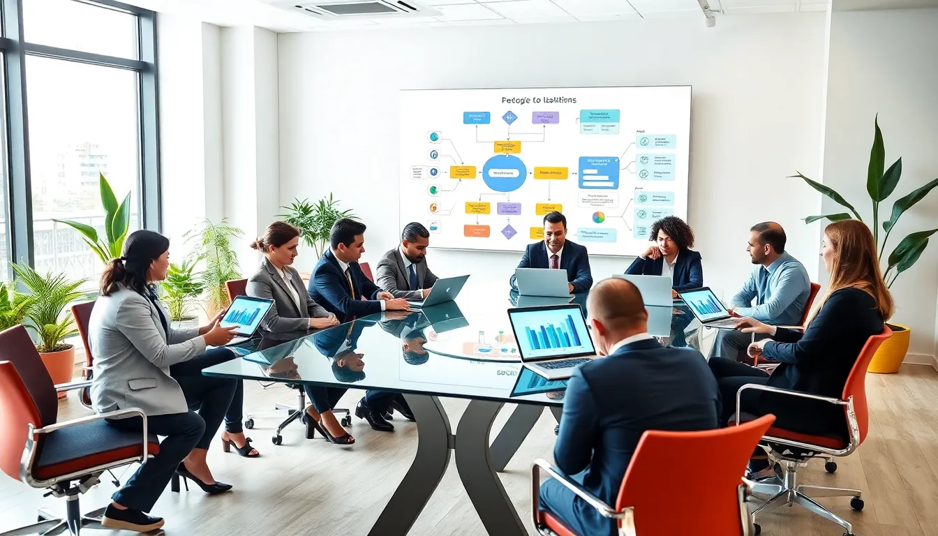 diverse professionals collaborating on supply chain software in a modern office.