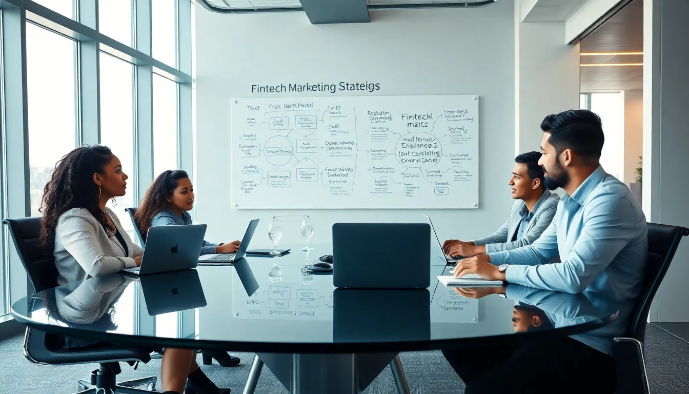 diverse team strategizing fintech marketing in a modern office.